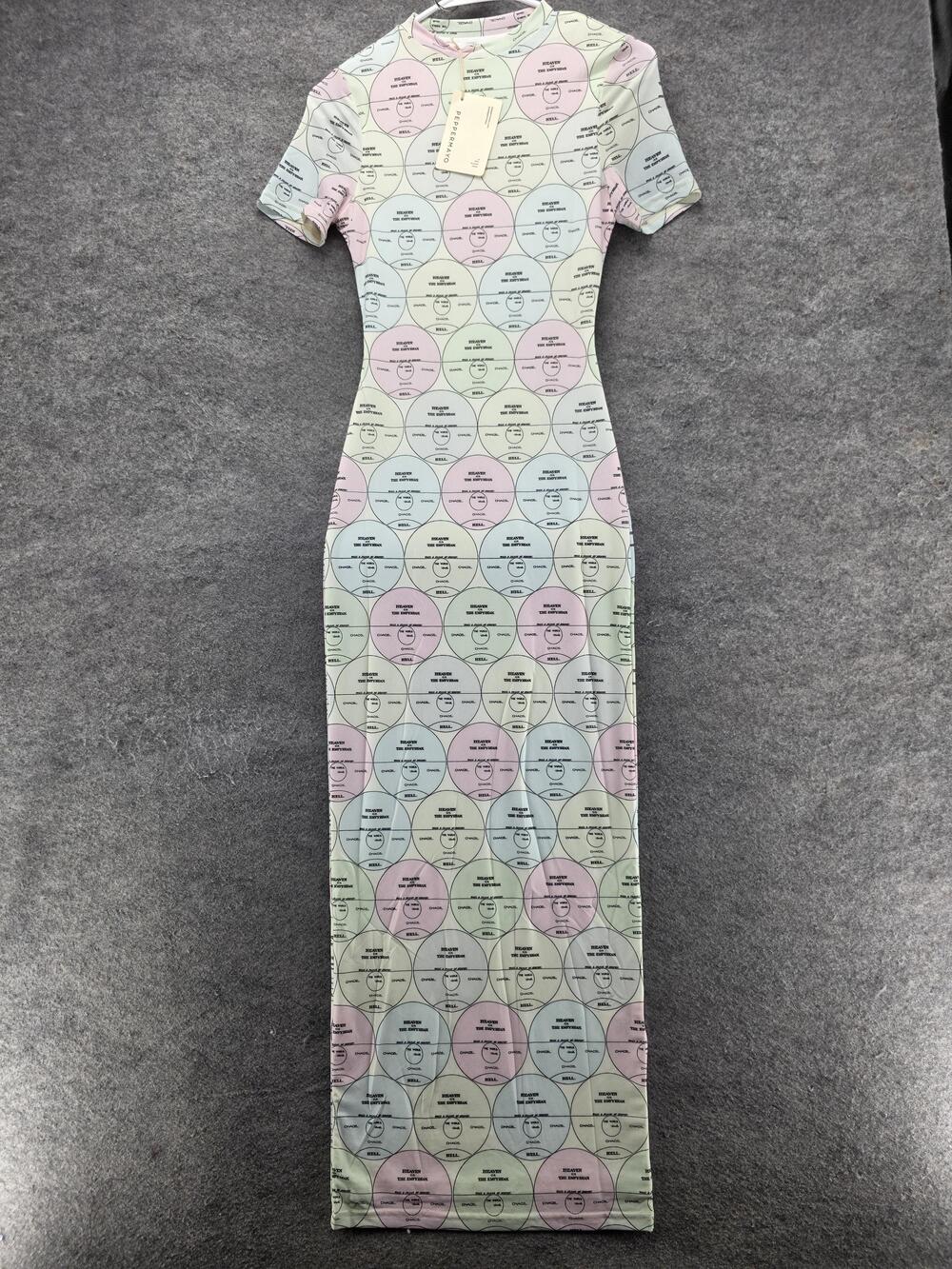 Peppermayo Dress Womens 0 Multicolor Bodycon Maxi Mesh Geometric Short Sleeve